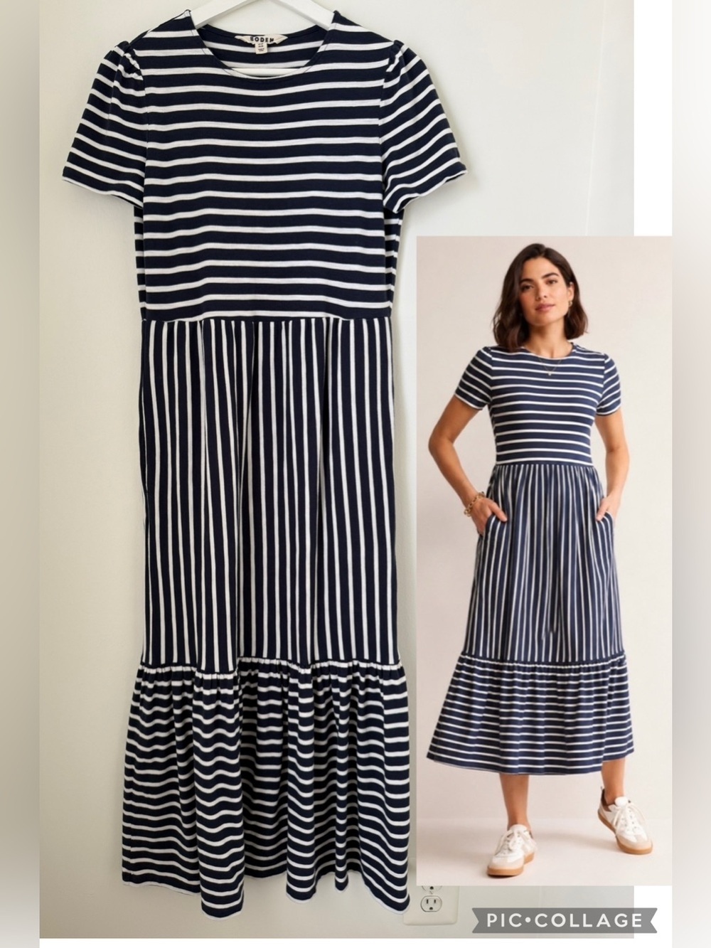 Boden Emma Tiered Jersey Midi Dress Navy White 2R